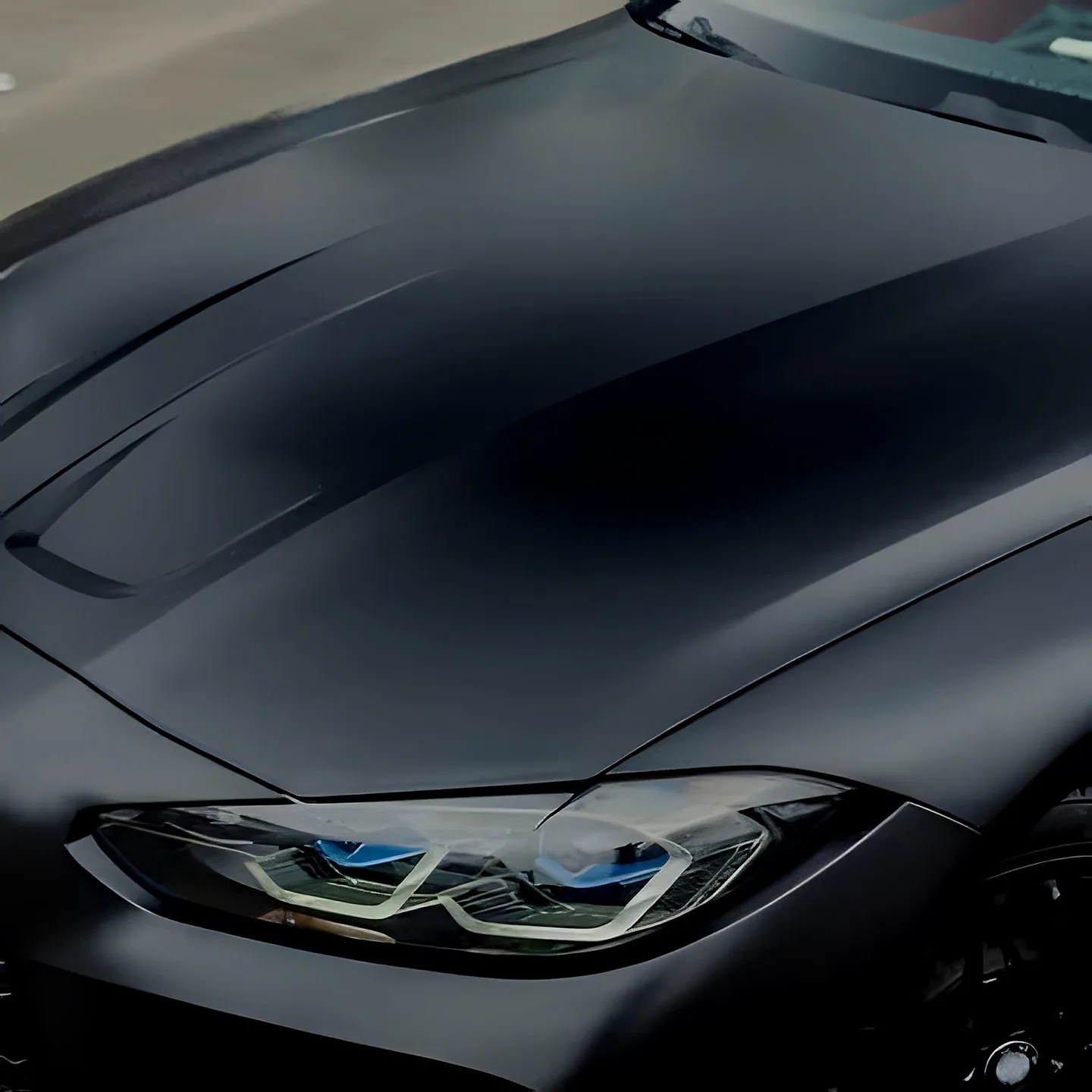 A satin-black car bonnet and headlamp under studio light
